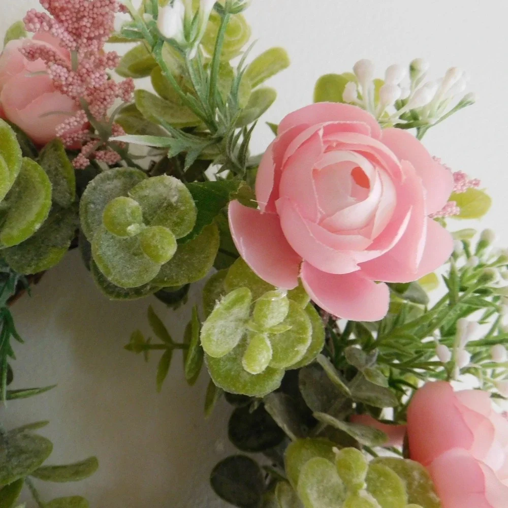Dusty Miller Mini Wreath, Eucalyptus, Pink‎ Flowers, Candle Ring